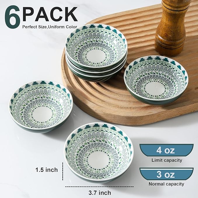 Howise Set of 6 Deep Soy Sauce Dishes, 3.7 inch Ceramic Dipping Bowls 4 oz Small Dip Bowls Sauce cups for Condiment Sushi Bowl, Mini Bowl for Side Dish, Ketchup, Soy Appetizer Plates