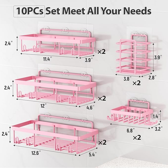 10 Pack Shower Caddy Organizer Rack Shelf for Inside Shower, Self Adhesive Wall Storage Basket Rustproof Stainless Steel Shampoo Holder Bathroom Accessory Decor Set, Pink