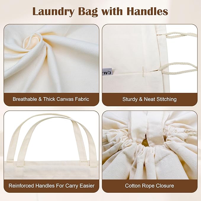 Canvas Laundry Bag with Handles & Drawstring 23.6"Wx35"H, Hanging Dirty Clothes Travel Bag, Heavy Duty Washable Laundry Sack (NOT Hamper Liner) - 2 Pack