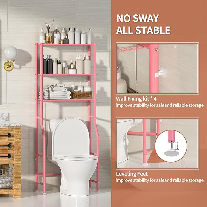 3-Tier Over The Toilet Storage, Freestanding Metal Bathroom Shelves, Space Saver Above The Over Toilet Storage Shelf for Bathroom (Pink)
