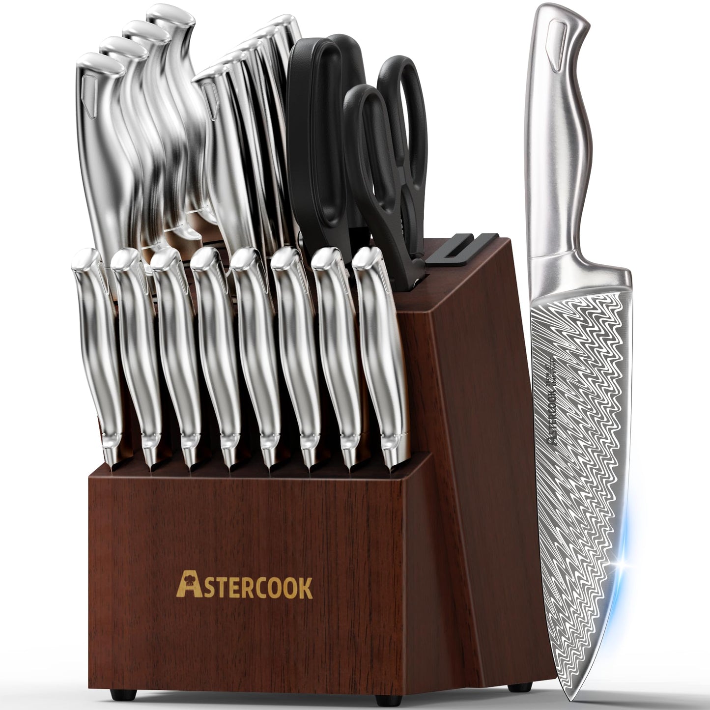 Astercook Knife Set, 15-Piece Kitchen Knife Set with Block, Built-in Knife Sharpener, German Stainless Steel Knife Block Set, Dishwasher Safe Kitchen Utensils Set