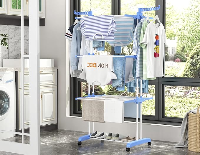 HOMIDEC Clothes Drying Rack, Large 4-Tier Foldable Drying Rack Clothing (67.7H x 19.7W x 30L Inches), Movable with 4 Castors. Multifunctional Stainless Steel Laundry Drying Rack, Blue
