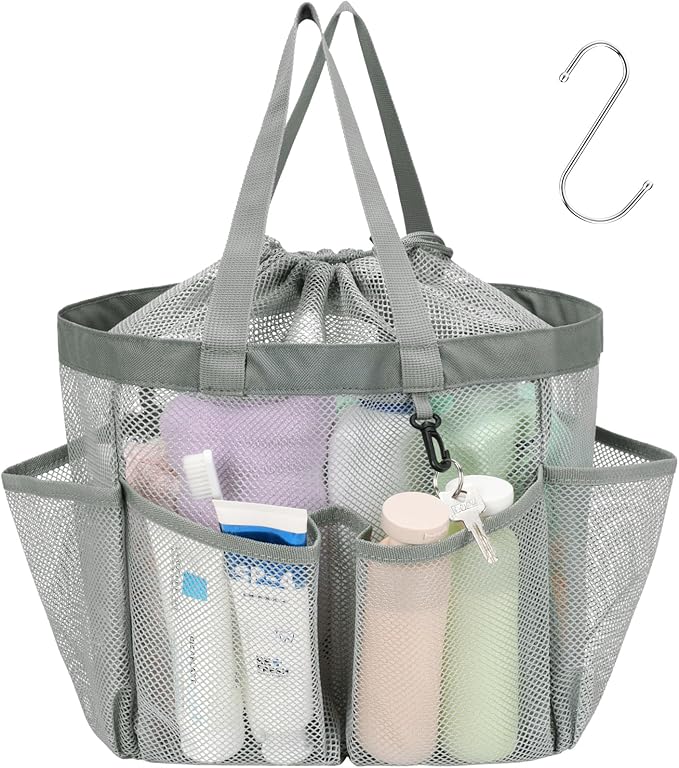 F-color Mesh Shower Caddy Portable with Drawstring - Large 8 Pockets Dorm Room Essentials for Guys Girls with S Hook, Shower Bag Basket Tote for College Camping Gym Travel Toiletry Bathroom, Grey