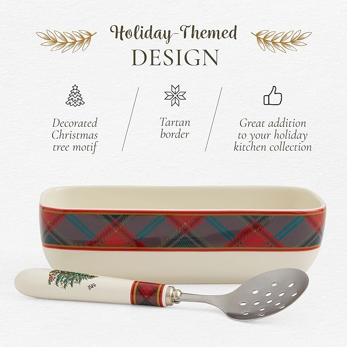 Spode Christmas Tree Tartan Rectangle Server with Slotted Spoon - Set of 2
