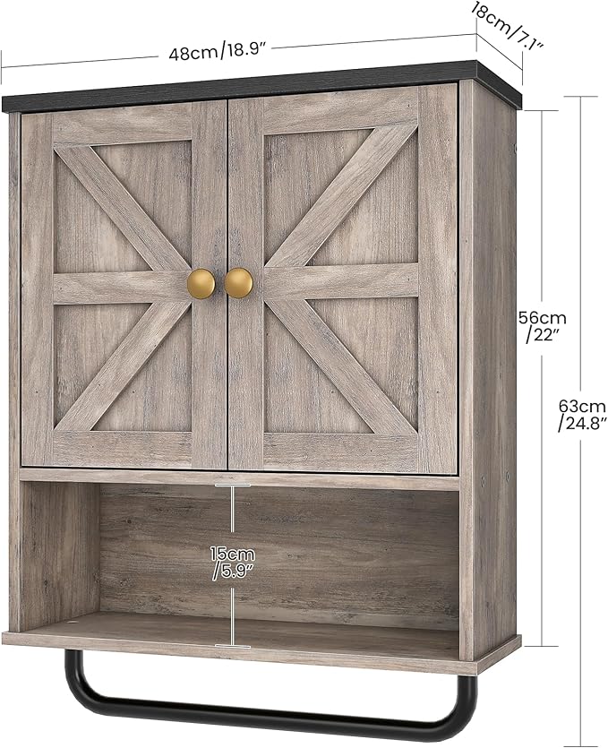 Bathroom Wall Cabinet, Medicine Cabinet with Open Partition and Towel Bar, Rustic Storage Cabinet with Open and Hidden Storage Space, for Bathroom, Living Room, Greige and Charcoal Black