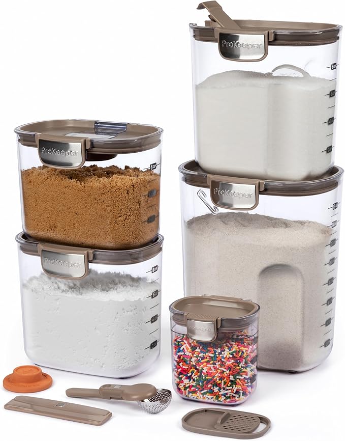 ProKeeper+ Airtight Food Storage Container Set – Clear Plastic Flour and Sugar Canister Set with Magnetic Accessories for Kitchen Organization (White, 9-Piece)