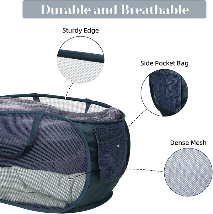Durable Collapsible Laundry Baskets, Mesh Pop Up Laundry Hamper with Side Pocket, Foldable Clothes Hamper with Reinforced Carry Handles for Laundry, Bathroom, Kids Room, Dorm, Travel 2 Pack Navy Blue