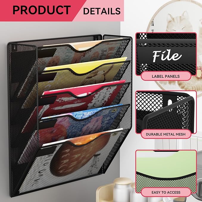 5-Tier Magnetic File Holder, No Drilling Wall File Organizer, File Folder Bins, Mail & Magazine Rack, Magnetic Paper Document Holder for Refrigerator File Cabinets Whiteboard, Black