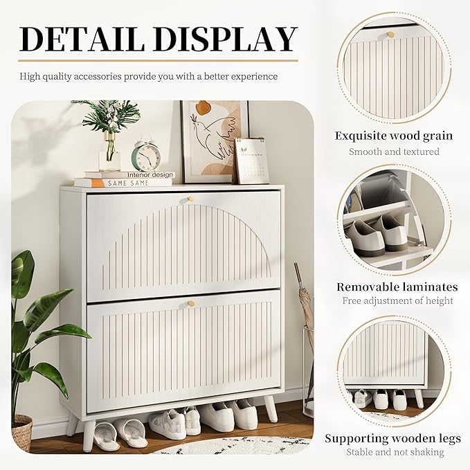 Shoe Storage Cabinet for Entryway with 2 Flip Drawers, Narrow Wood Shoe Cabinet with Fluted Panel, Freestanding Hidden Shoe Organizer for Foyer, Hallway (White - with Shelf)