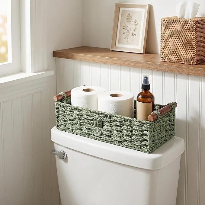 Back of Toilet Basket, Green Wicker Toilet Tank Basket for Toilet Paper Storage (Holds 2 Rolls), Handwoven Paper Rope Bathroom Basket Organizer with Wooden Handles, Basket for Top of Toilet Tank