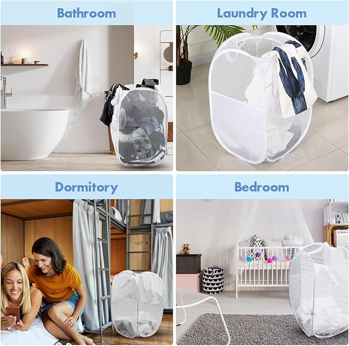DUCOO Pop Up Hamper, 2 PCS Mesh Pop Up Laundry Hamper, Foldable Mesh Laundry Basket with Space Saving Design for Home, Dorm, Travel and Storage, White