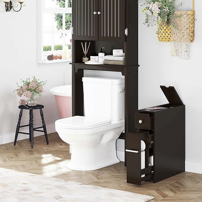 Spirich Slim Bathroom Storage Cabinet, Free Standing Toilet Paper Holder, Bathroom Cabinet Slide Out Drawer, Espresso