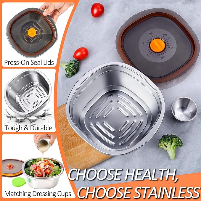 6-Piece Stainless Steel Salad Bowl Set, 3 Bowls (50 oz) & 3 Dressing Cups