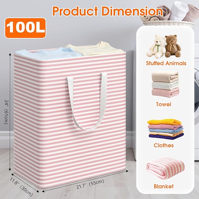 3 Pack Large Laundry Basket,Waterproof & Freestanding Laundry Hamper,Collapsible Clothes Hampers with Easy Carry Long & Reinforced Handles in Bathroom,College Dorm(100Lx3,Pink)
