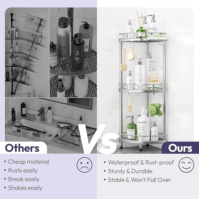SWTYMIKI Corner Shower Caddy Standing - 3 Tier Rustproof Metal Shower Organizer Stand with Soap Holder and 4 Hooks, Freestanding Floor Shower Storage Stands for Bathroom, Silver