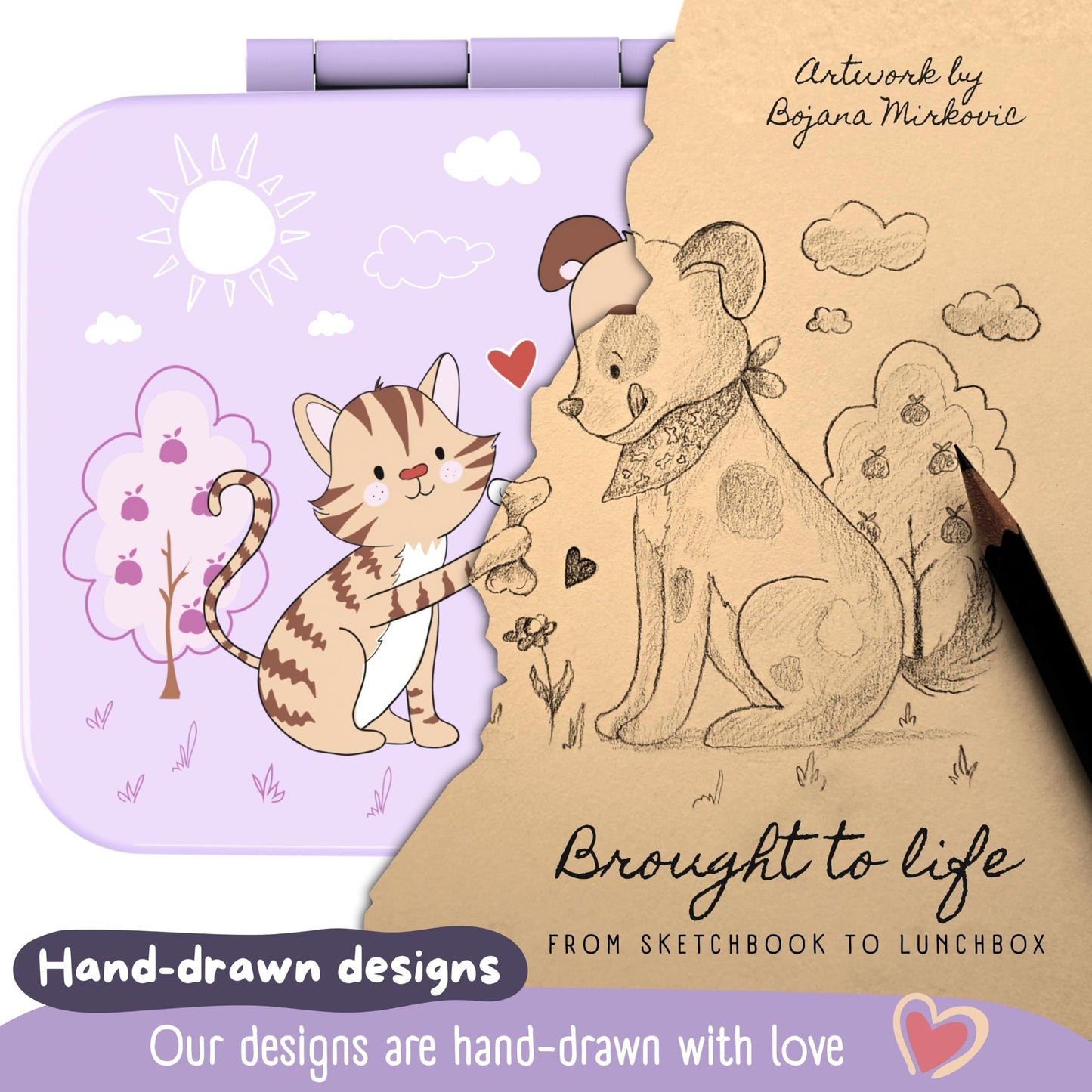 BEARFOOT Kids Lunch Box with Compartments – Compact & Lightweight | Leak-Proof, BPA-Free, Dishwasher Safe | Hand-Drawn Design for Preschool, School, Travel (Sticker Purple, 2.75 Cups)