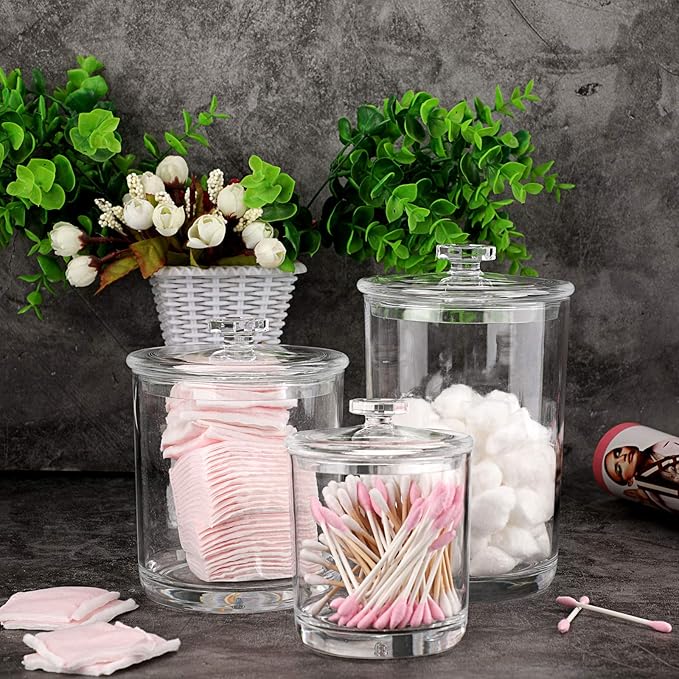 Hipiwe Clear Plastic Apothecary Jars with Lid, Large Size Bathroom Storage Canister Jar Cotton Ball and Swab Organizer Q-Tips Holder, 60-Ounce, 30-Ounce and 15-Ounce, Set of 3