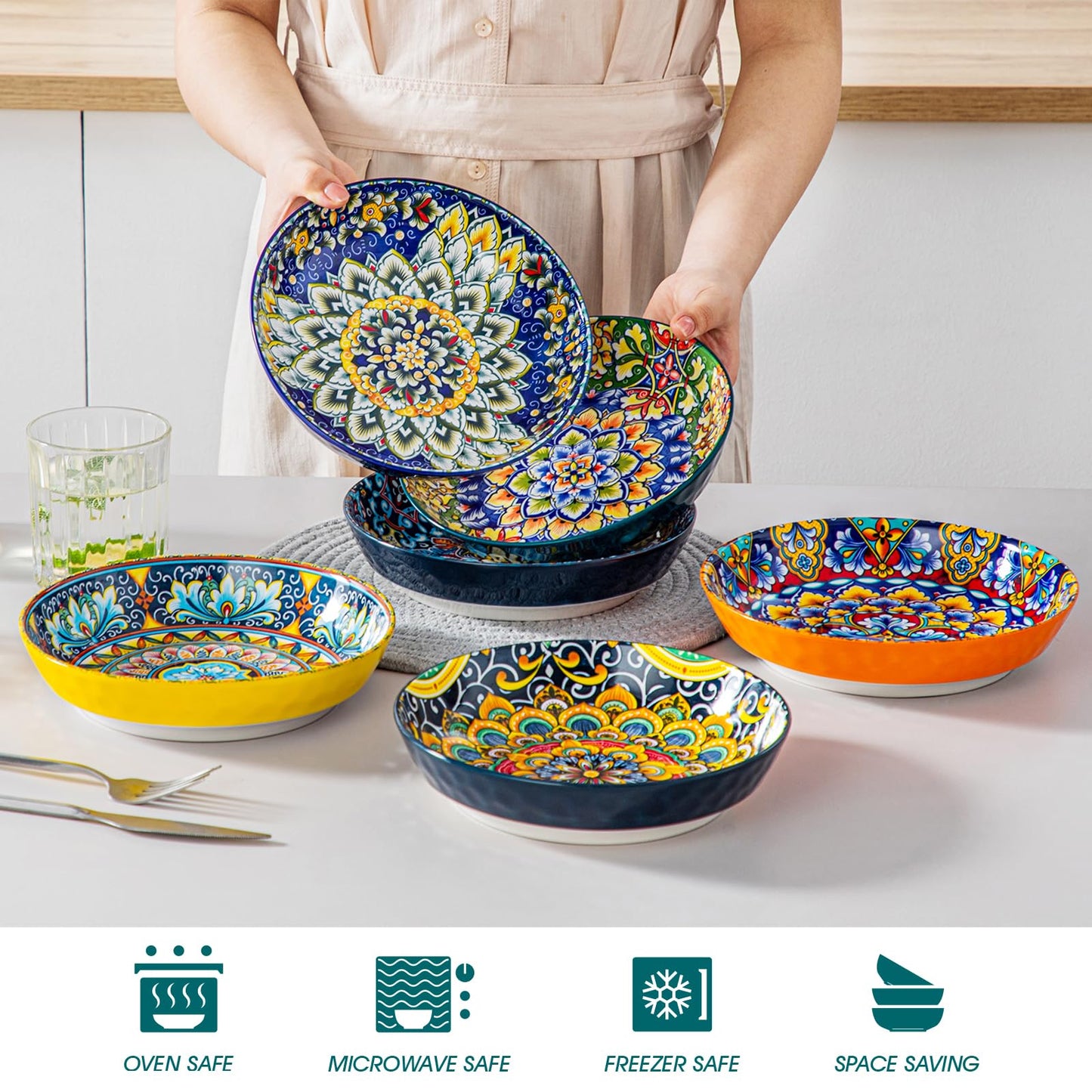 vancasso 32 Oz Pasta Bowls Set of 6, Ceramic Bohemian Soup Salad Bowls
