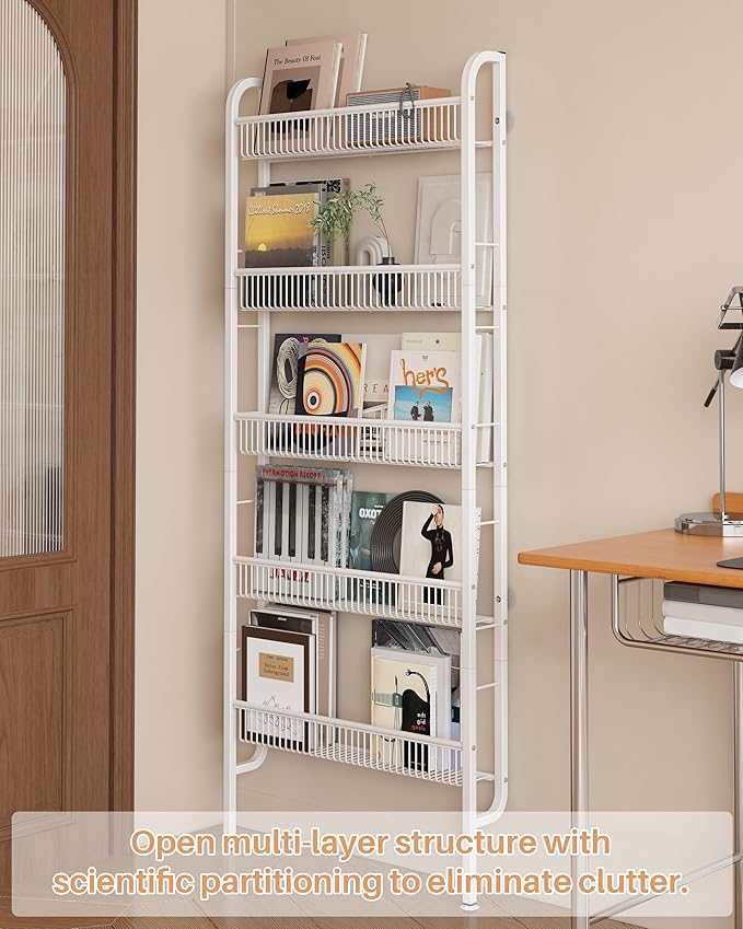 UMDONX Behind The Door Bathroom Shelf Narrow 5-Tier, Space-Saving Slim Storage Shelf Narrow Shelving Unit for Bathroom and Kitchen White