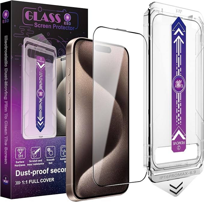 2 Pack Screen Protector for iPhone 16 Pro Max, 9H Tempered Glass, Full Coverage