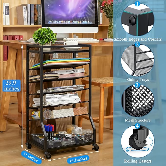 7 Tier Rolling File Cart with Sliding Trays, Wood Metal File Organizer Beside Desk, Free-Standing File Holder, Paper Letter Tray Organizer Mesh Desk Organizer for Home Office School (Patent)
