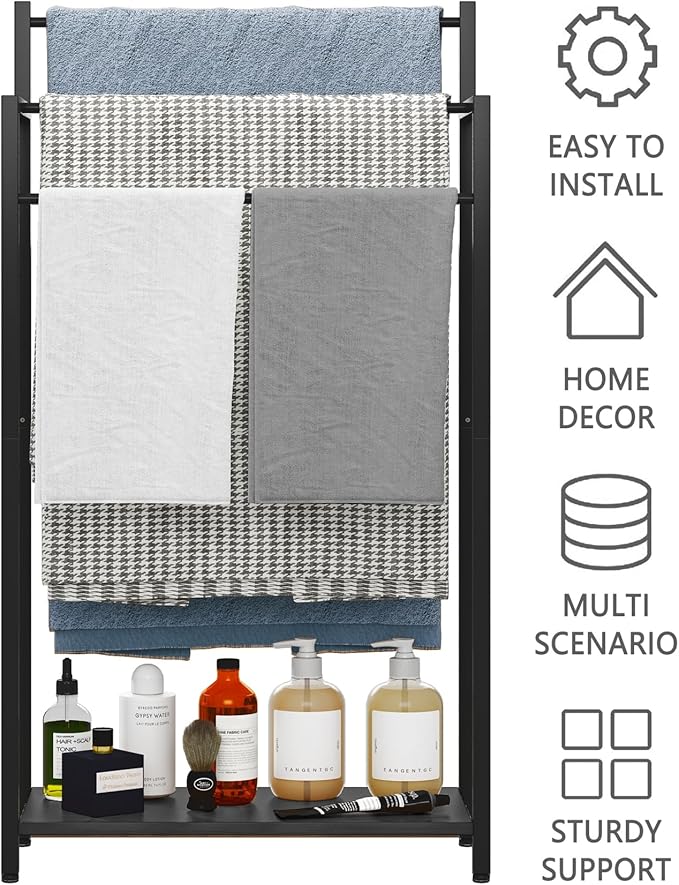 Freestanding Towel Rack, 3 Tier Blanket Ladder Stand with Black Wooden Shelf for Bathroom Living Room (31.5”H x 16.9”W x7.9”D)