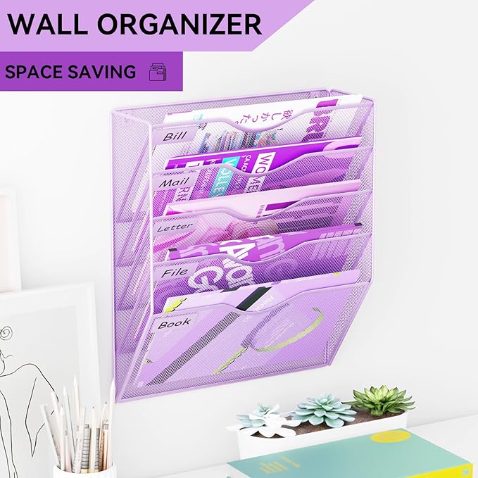 5 Pockets Hanging Wall File Organizer Mail Holder, Wall Mounted Paper Document Folder Holder, Clipboard Storage Organization Magazine Rack, Light Purple