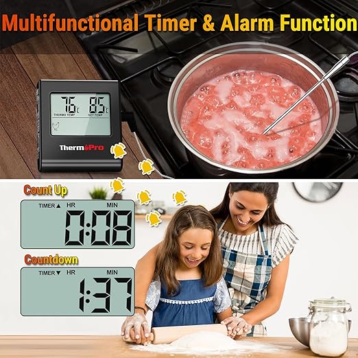 TempPro TP16H Large LCD Digital Meat Thermometer for Cooking, Smoking, Grilling, BBQ Food Thermometer with Clock Timer and Stainless Steel Probe, Black