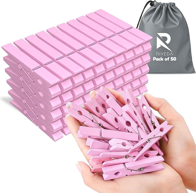 50 Pack Colored Clothes Pins Wooden for Crafts, 2-7/8" Inch Clothespins, Home & Classroom Must Haves, Decor & Crafts, Hanging Pictures, Light Pink