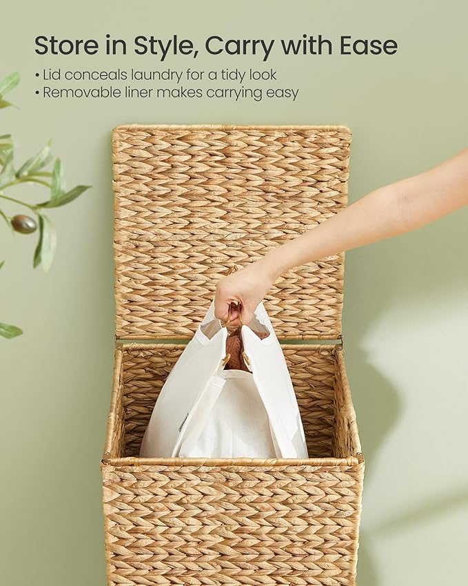 SONGMICS Laundry Hamper, 25 Gal. (95 L) Handwoven Water Hyacinth Wicker Laundry Basket with Lid, Natural Material, Removable Machine Washable Liner, Handles, Natural ULCB201Y01
