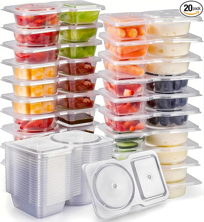 Reusable Snack Containers with Lids: Snack Containers 20Pcs - Snackle Box Container Portion Control - Snack Pack Containers - Double Compartment Snack Containers for On the Go - Travel Essentials