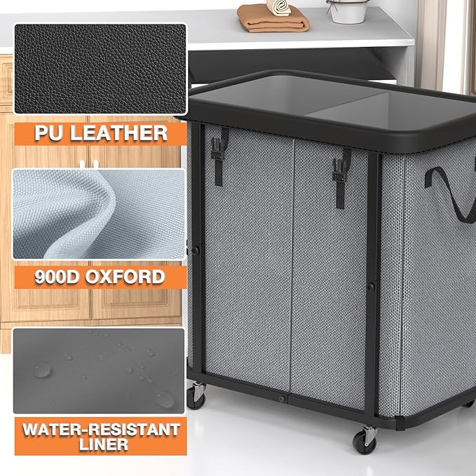 190L (50 Gal) Large Fashion Laundry Basket with Wheels, Leather Patchwork Rolling Hamper Carts, Sturdy Metal Frame, Removable Washable Bag, Tall Clothes Sorter for Bedroom - 2 Setion Gray