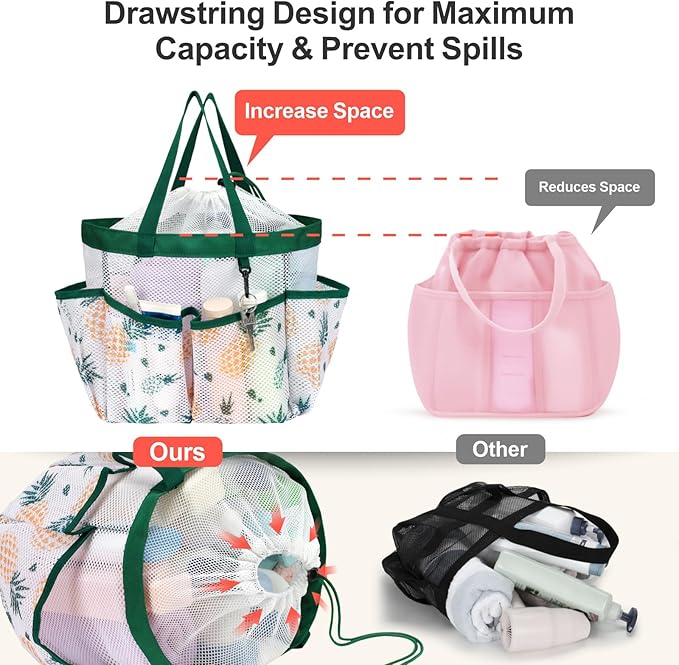 F-color Mesh Shower Caddy Portable with Drawstring - Large 8 Pockets Dorm Room Essentials for Guys Girls with S Hook, Shower Bag Basket Tote for College Camping Gym Travel Bathroom, Green Pineapple