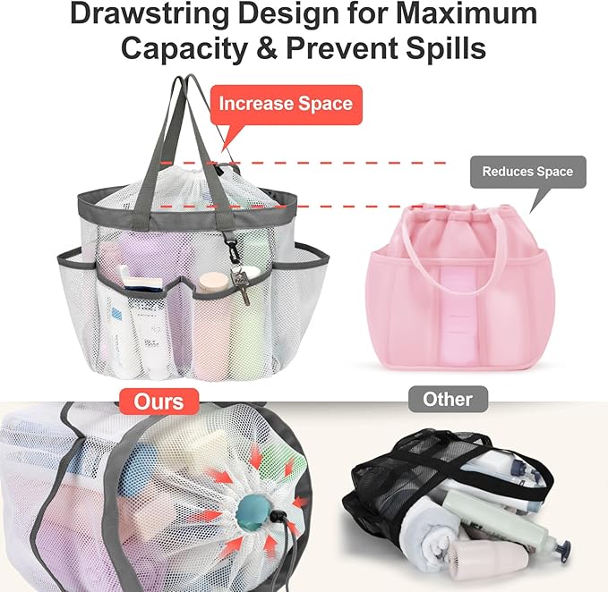 F-color Mesh Shower Caddy Portable with Drawstring - Large 8 Pockets Dorm Room Essentials for Guys Girls with S Hook, Shower Bag Basket Tote for College Camping Gym Travel Toiletry Bathroom, White