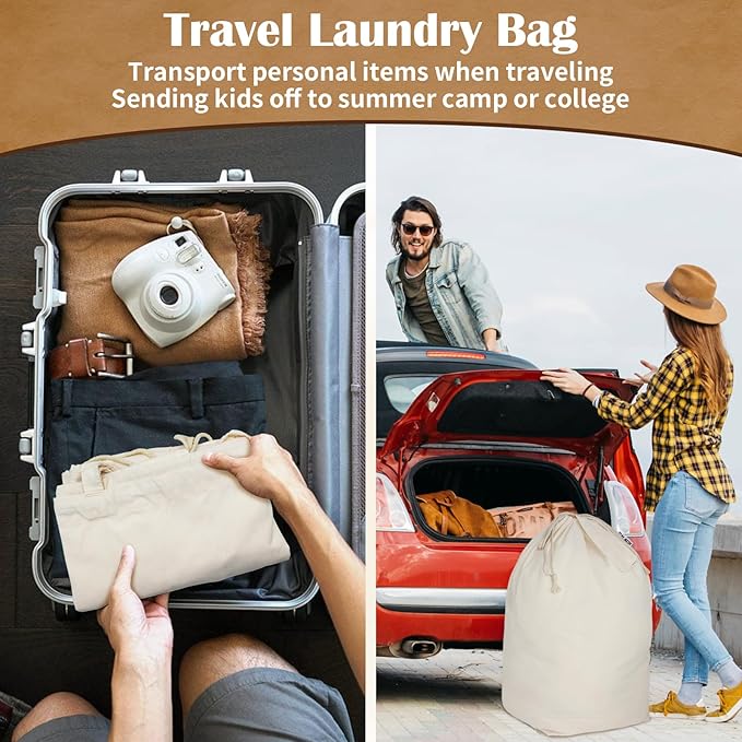 Canvas Laundry Bags with Handles & Square Base 13.8"Lx13.8"Wx27.6"H, Large Heavy Duty Laundry Hamper Bag, College Dorm Washable Drawstring Canvas Dirty Clothes Sack (Beige,1 Pack)
