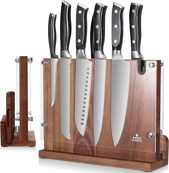 ENOKING Magnetic Knife Block with Acrylic Shield, Double Side Kitchen Knife Holder without Knives- Acacia Wood Universal Knife Storage Organizer with Powerful Magnet for Kitchen Counter