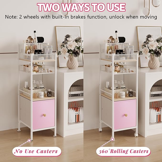 Floor Makeup Organizer Cart, Makeup and Skincare Organizer with Drawers, Bathroom Vanity Organizer, Cosmetics Display Cases Holder for Skin Care Nail Polish Perfume Makeup Brush (Pink)