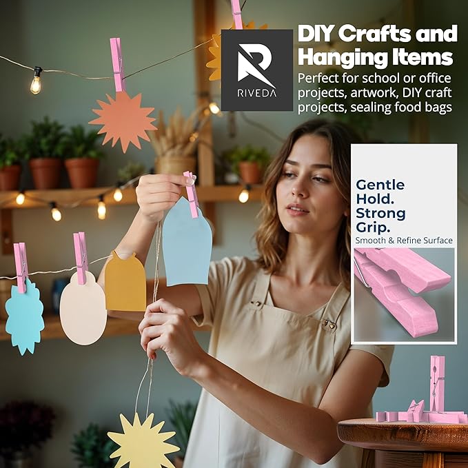 50 Pack Colored Clothes Pins Wooden for Crafts, 2-7/8" Inch Clothespins, Home & Classroom Must Haves, Decor & Crafts, Hanging Pictures, Light Pink