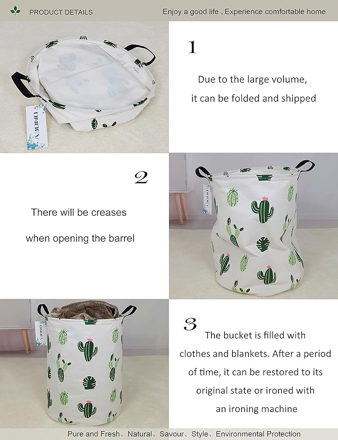 Round Fabric Storage Bin,Decorative Basket,Organizer Basket with Handles,for Clothes Storage,books and sundries (Green Cactus), 19.7inch(H) x 15.7inch(D)