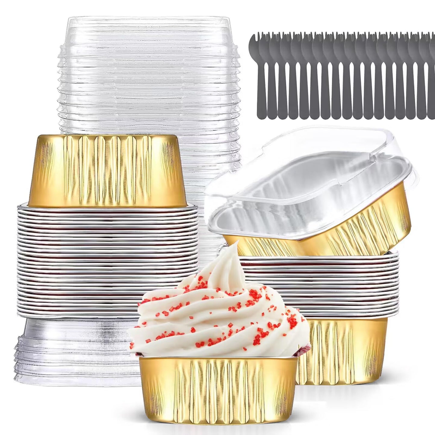 10oz Mini Cake Pans with Lids (40 Pack) Aluminum Foil Square Cupcake Liners Brownie Baking Cups,Disposable 4”x4” Large Cupcake Pan,Jumbo Muffin Tin Ramekins Holders