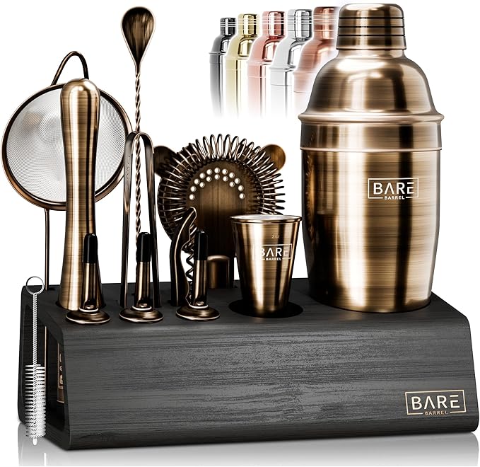 BARE BARREL® Mixology Bartender Kit Bar Set | 14-Piece Cocktail Shaker Set | Martini Barware Mixing Tools for Home Bartending | Incl. 35 Recipe Cards | Gift Set (24oz Cobbler Shaker, Jet Black/Black)
