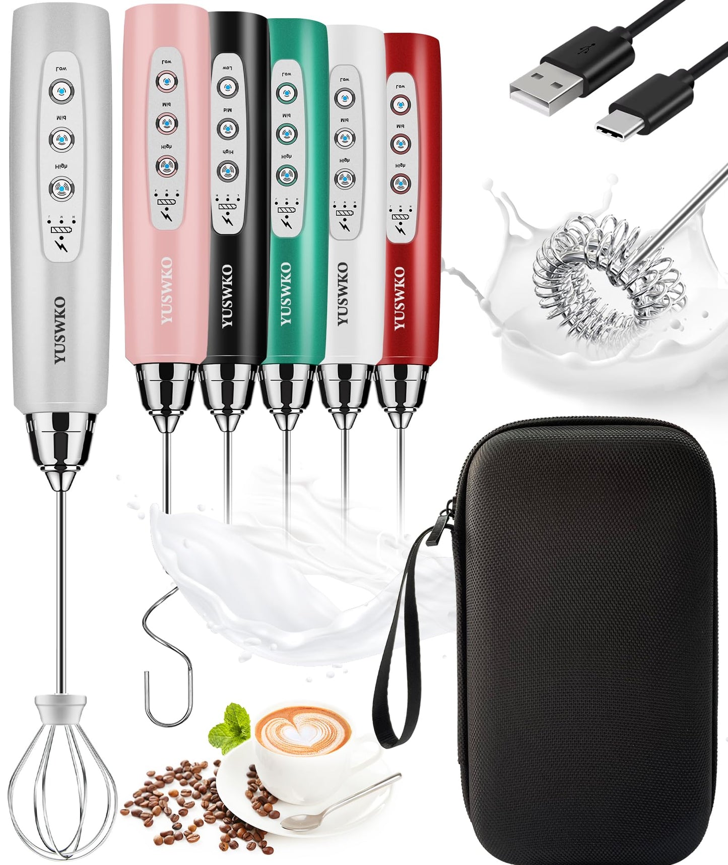YUSWKO Handheld Milk Frother Wand for Coffee, Rechargeable Electric Whisk with 3 Heads 3 Speeds Drink Mixer Coffee Frother For Latte, Cappuccino, Hot Chocolate, Egg, Beige