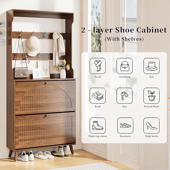 Shoe Cabinet for Entryway with 2 Flip Drawers & Coat Rack, Narrow Hidden Shoe Storage Cabinet with Fluted Panel, 2-in-1 Hall Tree Slim Freestanding Shoe Rack Organizer for Hallway, Walnut
