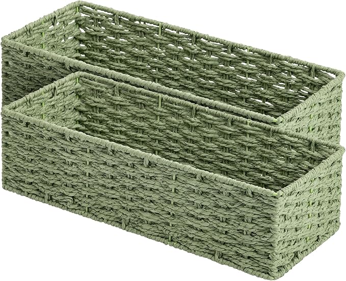StorageWorks Sage Green Paper Rope Bathroom Basket Organizer and Storage for Tank Topper, Wicker Toilet Paper Basket for Back of Toilet Baskets, Small Narrow Tank Trays for Bathroom Decor, 2 Pack