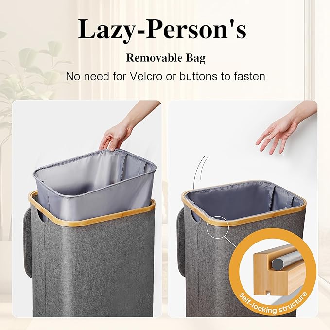 Large Laundry Hamper, 75L Waterproof Laundry Basket with Lid and Removable Bag, Collapsible Tall Clothes Hamper with Bamboo Handles for Clothes Toys in Dorm Bedroom Bathroom, Grey