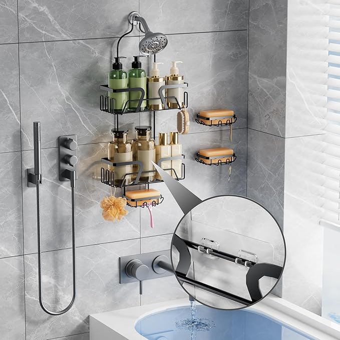 Shower Caddy Hanging with 3 Soap Holder - Over the Shower Head Caddy for Bathroom Organization(for Bathroom Organization, 24 Side Hooks, 3 Razor Holder
