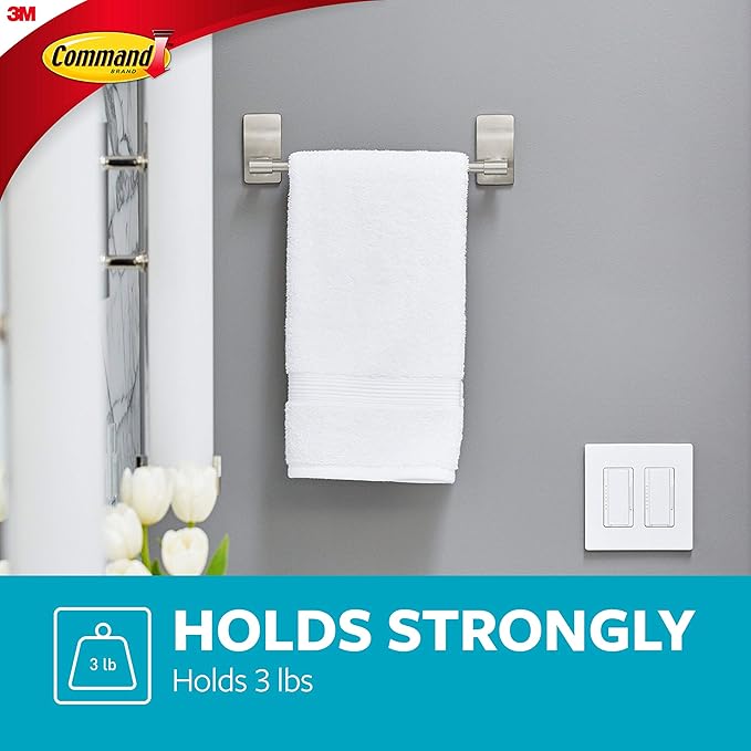 Command Hand Towel Bar Satin Nickel with 4 Water Resistant Command Strips, 9" Hand Towel Holder, Holds up to 3 lb, Great for Bathroom Décor on The Wall, Inside The Cabinet, or in The Shower