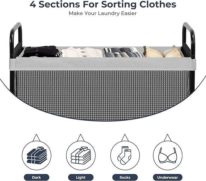 STO STO Laundry Hamper 4 Section, 140L Rolling Laundry Sorter Cart with Removable and Washable Liner Bag, Clothes Hamper with Wheels and Metal Handle for Laundry Room and Bedroom, Gray