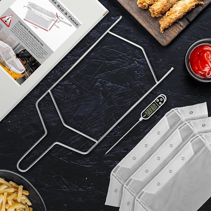 3 Pcs Deep Fryer Filter Bag & Frame Set, Reusable Oil Strainer Compatible with 40L/60L Deep Fryers, Fine Mesh to Capture Crumbs, Durable for Home & Commercial Use, with 1 Professional Food Thermometer