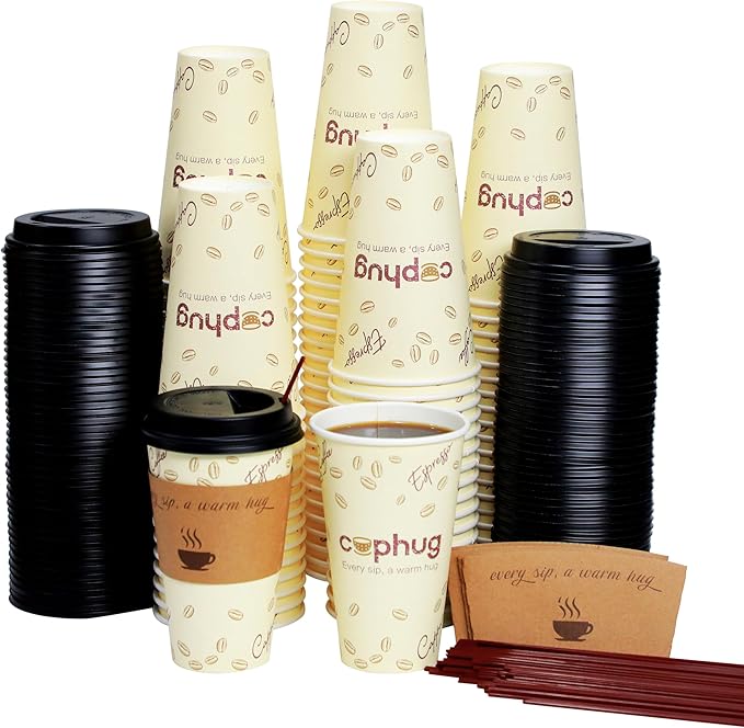 cuphug 12oz Disposable Coffee Cups with Lids, Kraft Sleeves & Straws, 100 Pack Black Paper Hot Drink Cups